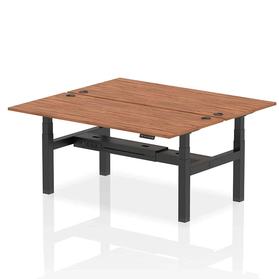 Air Back-to-Back Height Adjustable Bench Desk - 2 Person with cable ports W1800mm walnut top with black frame