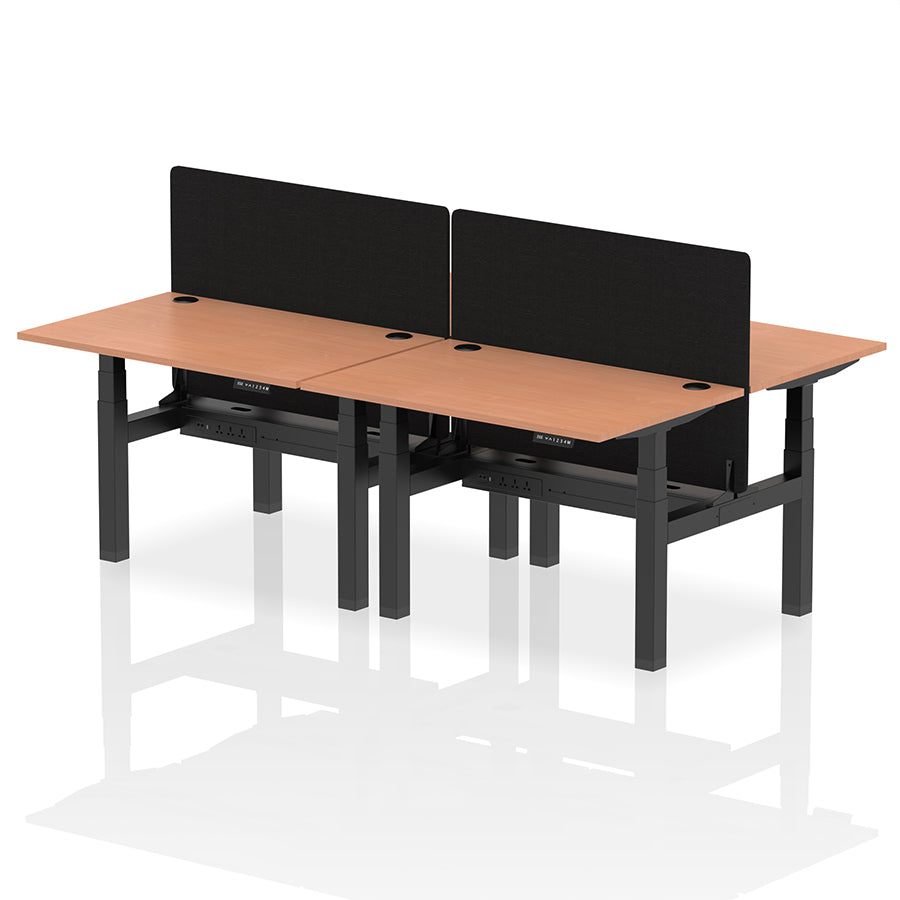 Air Back-to-Back Height Adjustable Bench Desk - 4 Person with Cable Ports and Black Straight Screen W1200mm beech top and black frame
