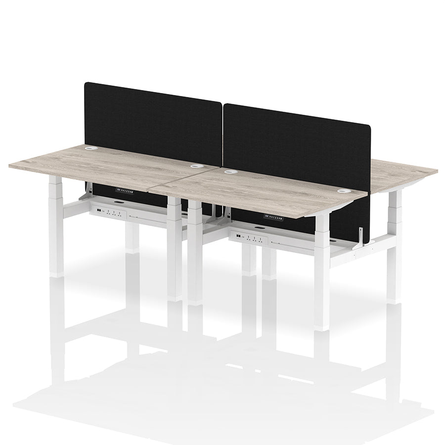 Air Back-to-Back Height Adjustable Bench Desk - 4 Person with Cable Ports and Black Straight Screen W1200mm grey oak top and white frame