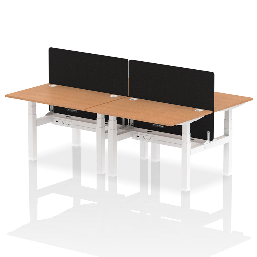 Air Back-to-Back Height Adjustable Bench Desk - 4 Person with Cable Ports and Black Straight Screen W1200mm oak top and white frame