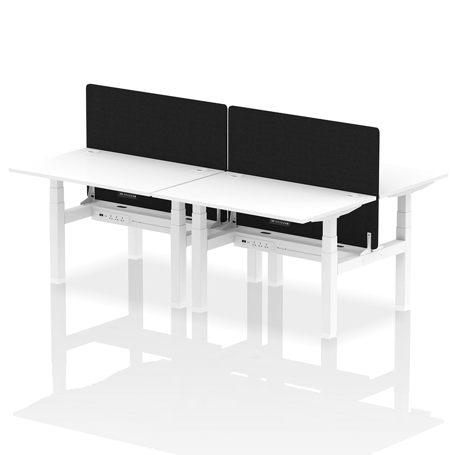 Air Back-to-Back Height Adjustable Bench Desk - 4 Person with Cable Ports and Black Straight Screen W1200mm white top and white frame