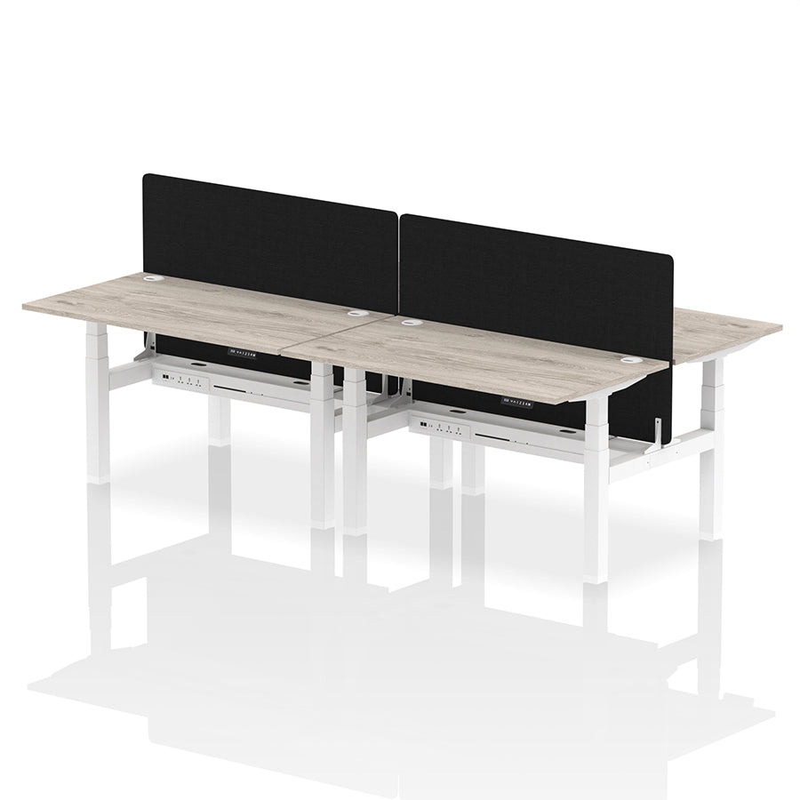 Air Back-to-Back Height Adjustable Bench Desk - 4 Person with Cable Ports and Black Straight Screen W1400mm grey oak top and white frame