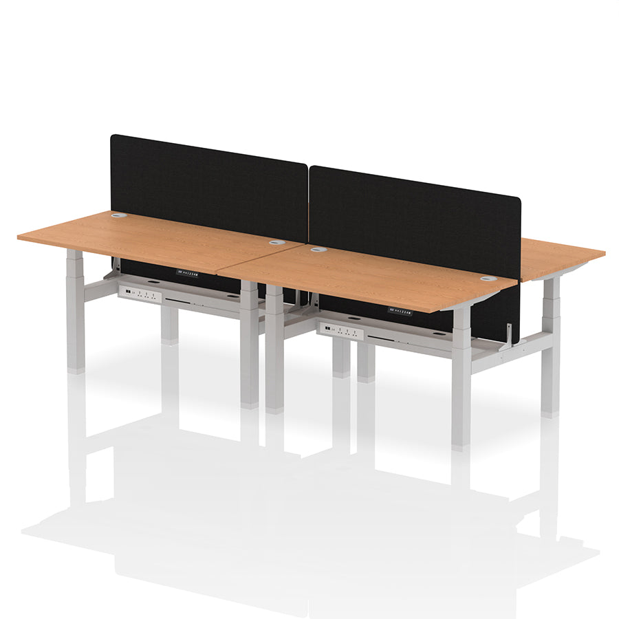 Air Back-to-Back Height Adjustable Bench Desk - 4 Person with Cable Ports and Black Straight Screen W1400mm oak top and silver frame