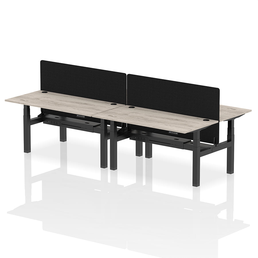 Air Back-to-Back Height Adjustable Bench Desk - 4 Person with Cable Ports and Black Straight Screen W1600mm grey oak top and black frame