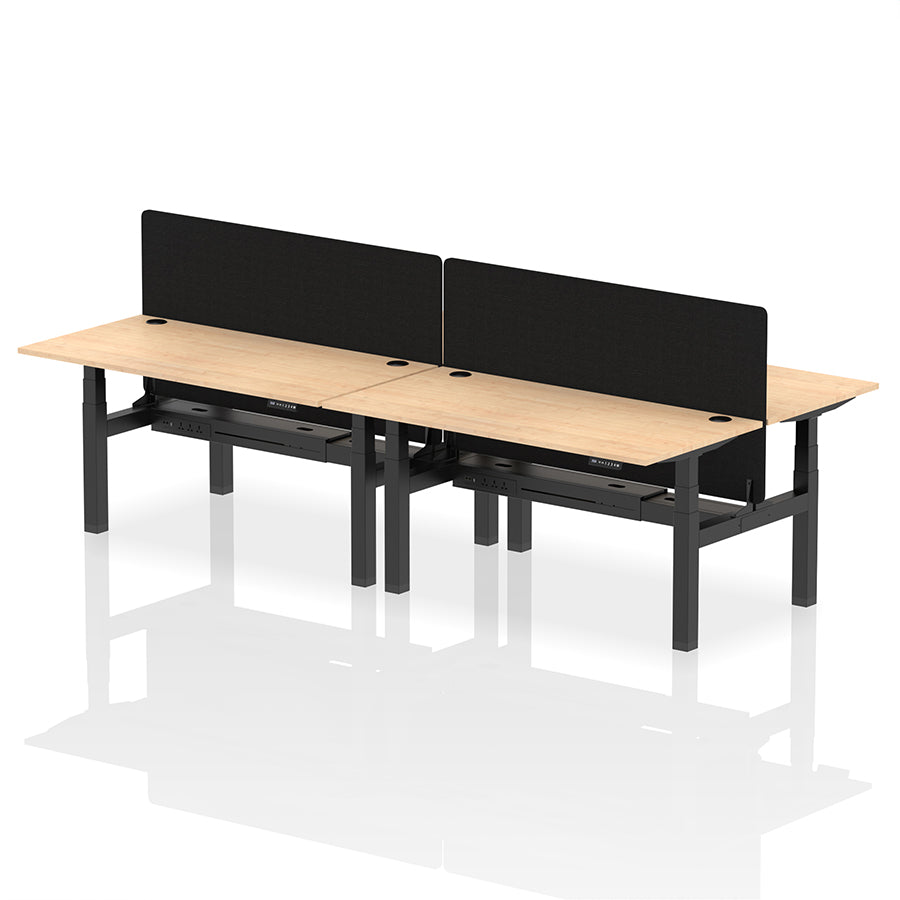 Air Back-to-Back Height Adjustable Bench Desk - 4 Person with Cable Ports and Black Straight Screen W1600mm maple top and black frame