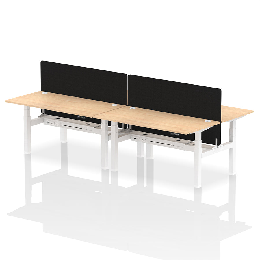 Air Back-to-Back Height Adjustable Bench Desk - 4 Person with Cable Ports and Black Straight Screen W1600mm maple top and white frame