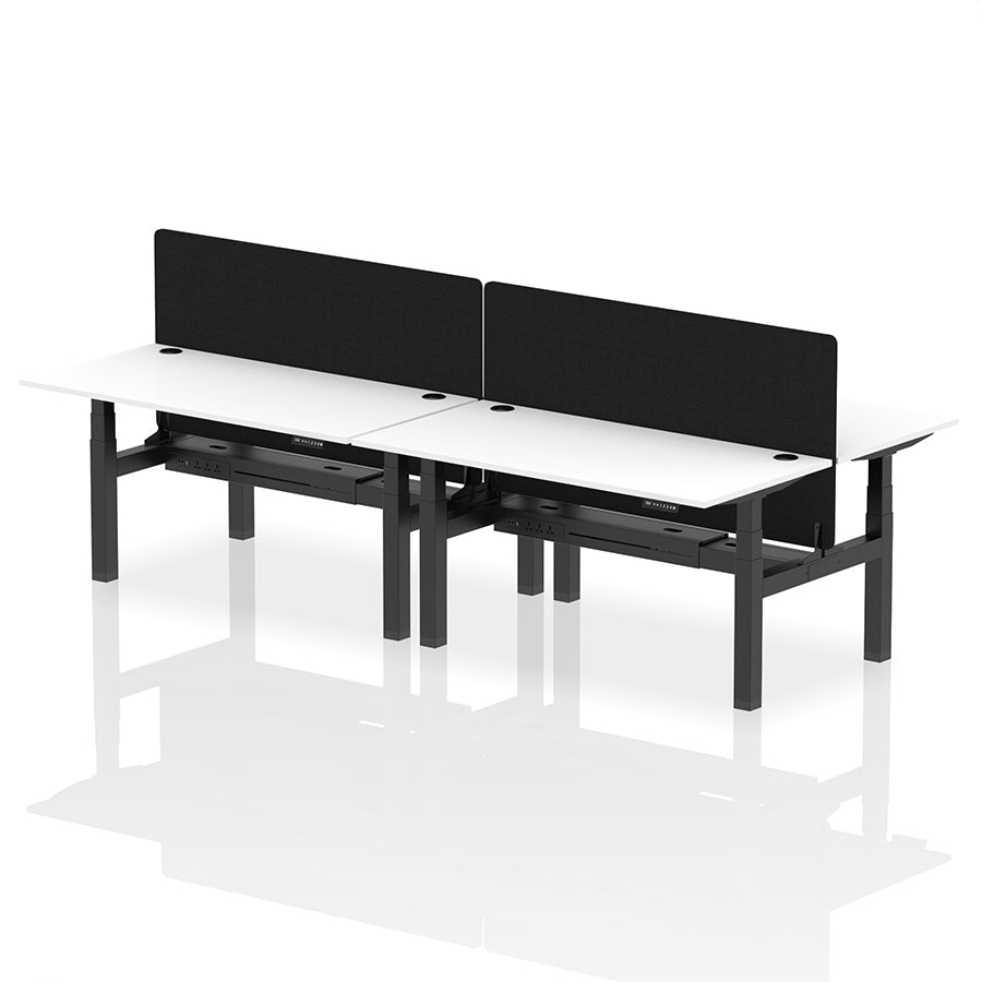 Air Back-to-Back Height Adjustable Bench Desk - 4 Person with Cable Ports and Black Straight Screen W1600mm white top and black frame