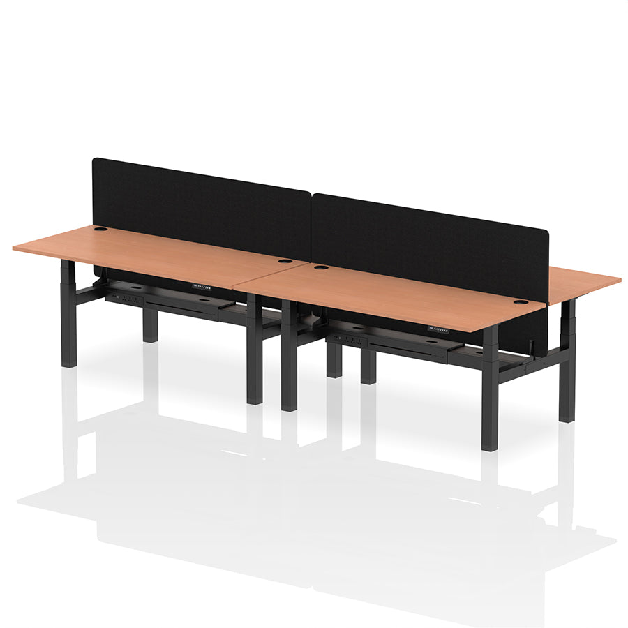 Air Back-to-Back Height Adjustable Bench Desk - 4 Person with Cable Ports and Black Straight Screen W1800mm beech top and black frame
