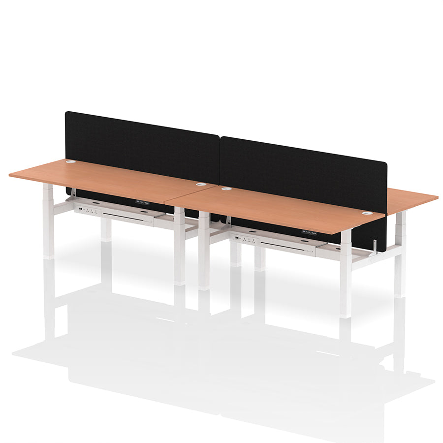 Air Back-to-Back Height Adjustable Bench Desk - 4 Person with Cable Ports and Black Straight Screen W1800mm beech top and white frame