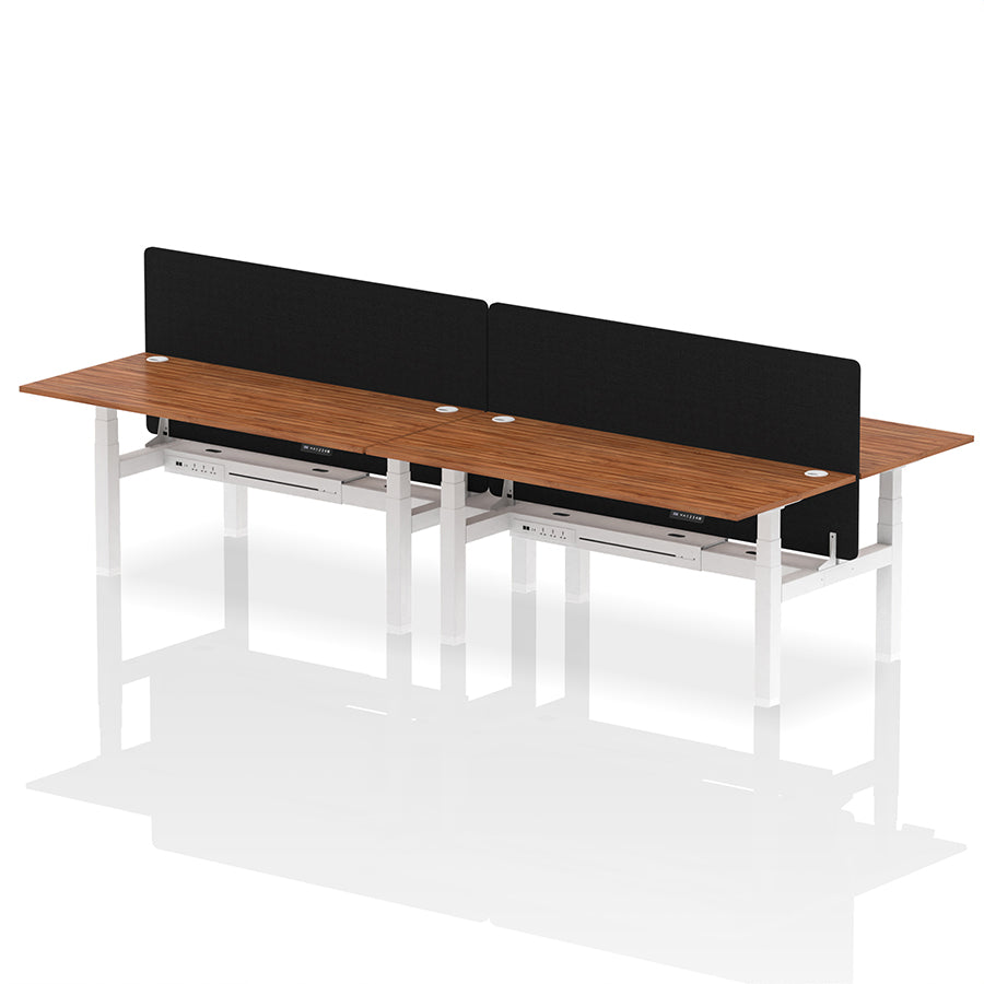 Air Back-to-Back Height Adjustable Bench Desk - 4 Person with Cable Ports and Black Straight Screen W1800mm walnut top and white frame