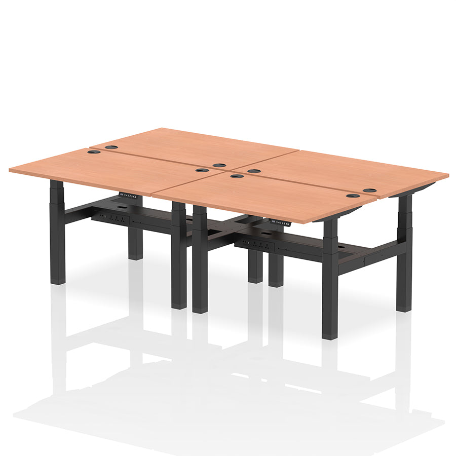 Air Back-to-Back Height Adjustable Bench Desk - 4 Person with cable ports W1200mm beech top with black frame