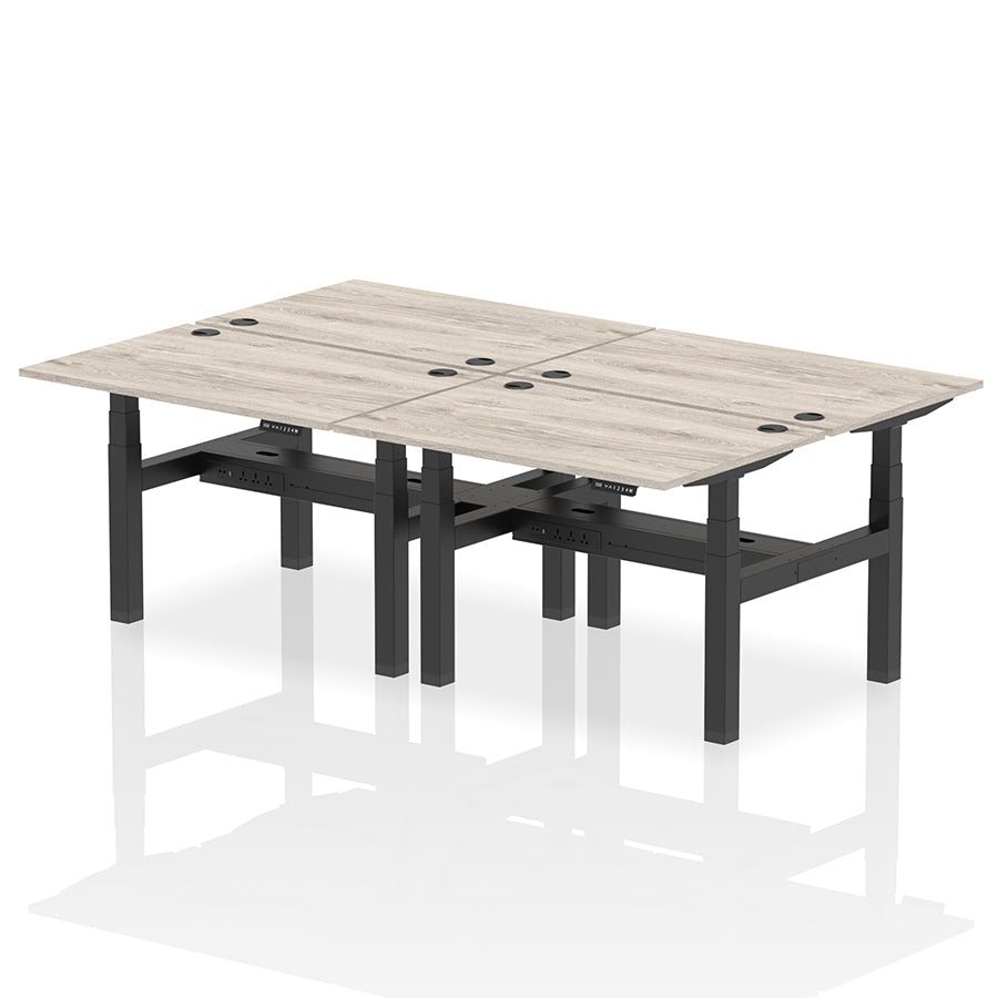 Air Back-to-Back Height Adjustable Bench Desk - 4 Person with cable ports W1200mm grey oak top with black frame