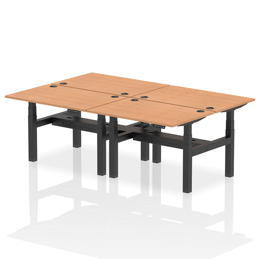 Air Back-to-Back Height Adjustable Bench Desk - 4 Person with cable ports W1200mm oak top with black frame
