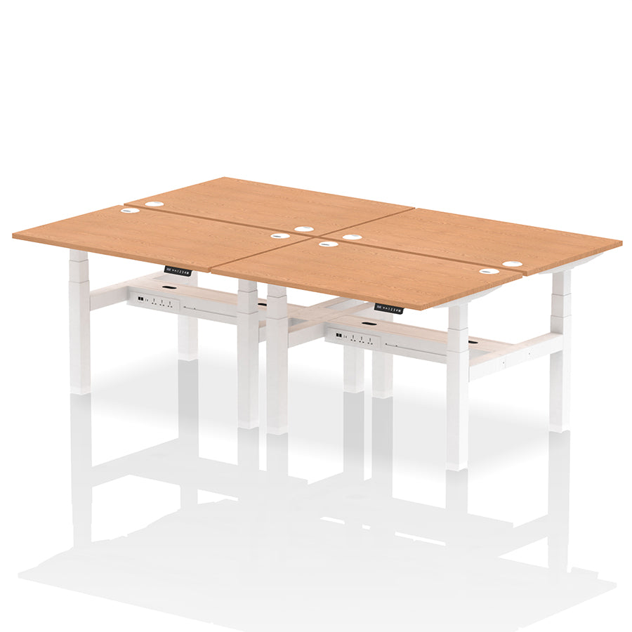 Air Back-to-Back Height Adjustable Bench Desk - 4 Person with cable ports W1200mm oak top with white frame