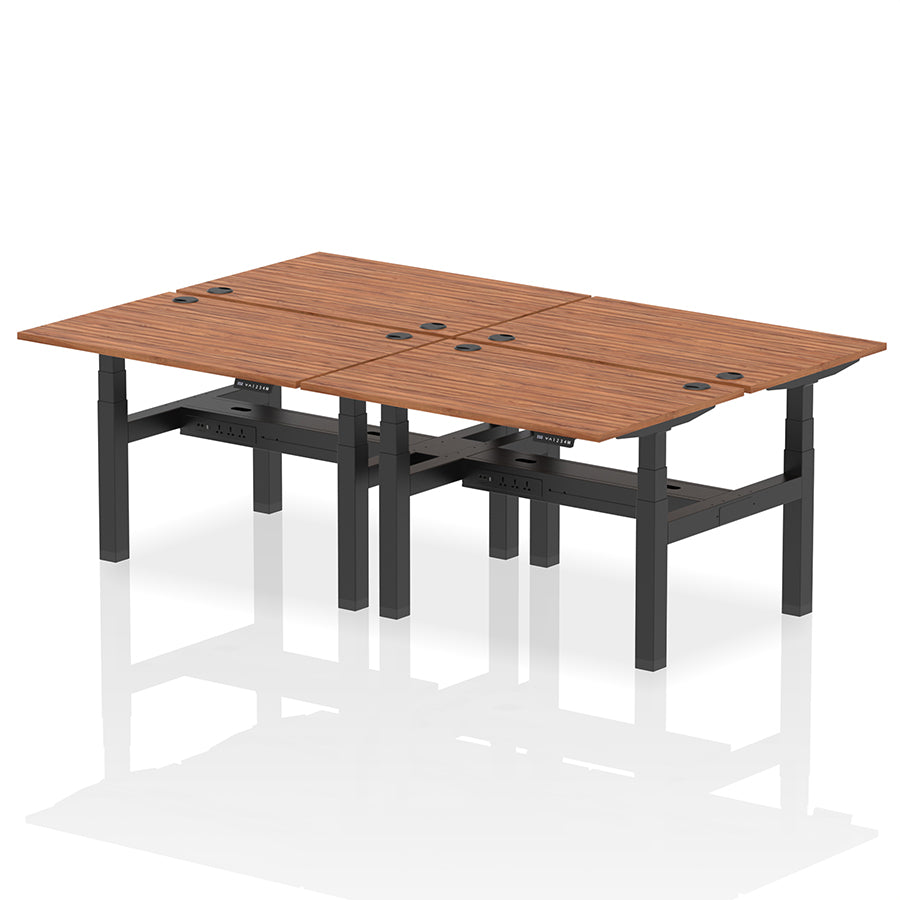 Air Back-to-Back Height Adjustable Bench Desk - 4 Person with cable ports W1200mm walnut top with black frame