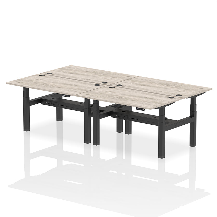 Air Back-to-Back Height Adjustable Bench Desk - 4 Person with cable ports W1400mm grey oak top with black frame