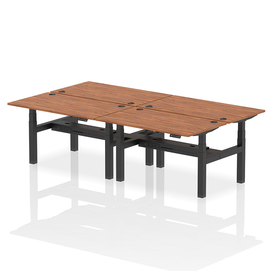 Air Back-to-Back Height Adjustable Bench Desk - 4 Person with cable ports W1400mm walnut top with black frame