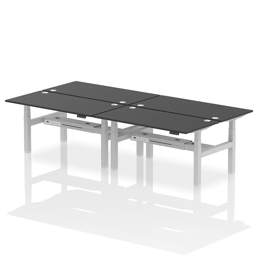 Air Back-to-Back Height Adjustable Bench Desk - 4 Person with cable ports W1600mm black top with silver frame