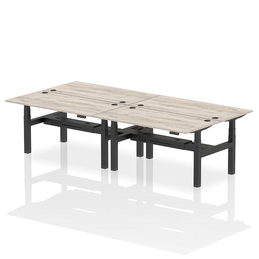 Air Back-to-Back Height Adjustable Bench Desk - 4 Person with cable ports W1600mm grey oak top with black frame