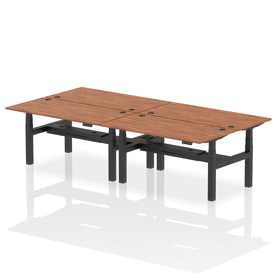 Air Back-to-Back Height Adjustable Bench Desk - 4 Person with cable ports W1600mm walnut top with black frame