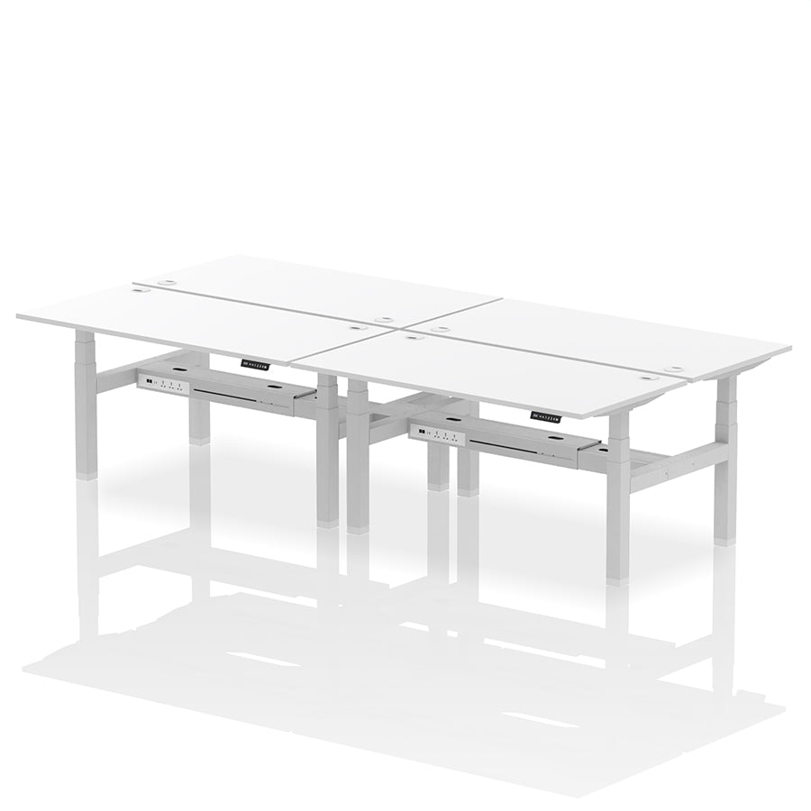Air Back-to-Back Height Adjustable Bench Desk - 4 Person with cable ports W1600mm white top with silver frame