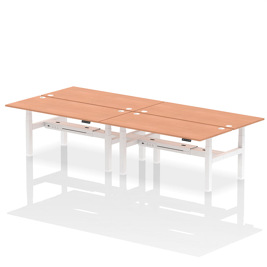 Air Back-to-Back Height Adjustable Bench Desk - 4 Person with cable ports W1800mm beech top with white frame