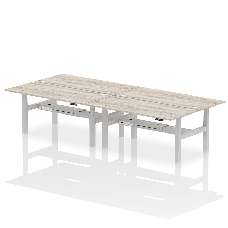 Air Back-to-Back Height Adjustable Bench Desk - 4 Person with cable ports W1800mm grey oak top with silver frame