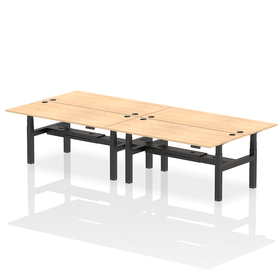 Air Back-to-Back Height Adjustable Bench Desk - 4 Person with cable ports W1800mm maple top with black frame