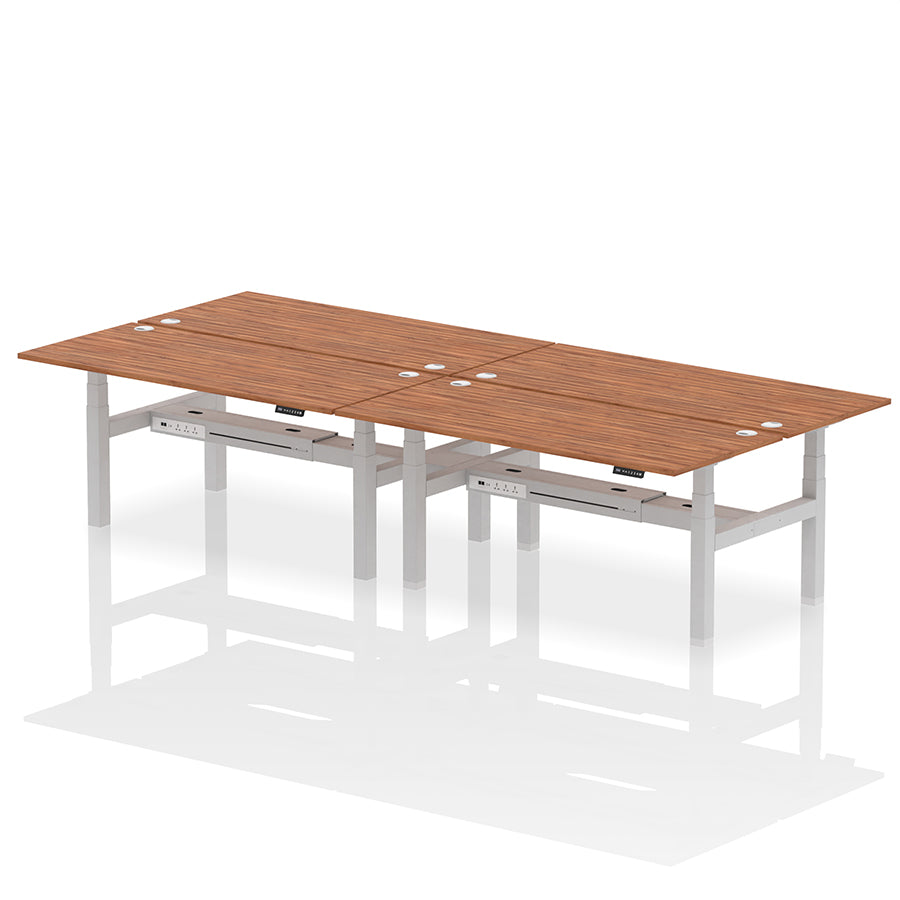 Air Back-to-Back Height Adjustable Bench Desk - 4 Person with cable ports W1800mm walnut top with silver frame