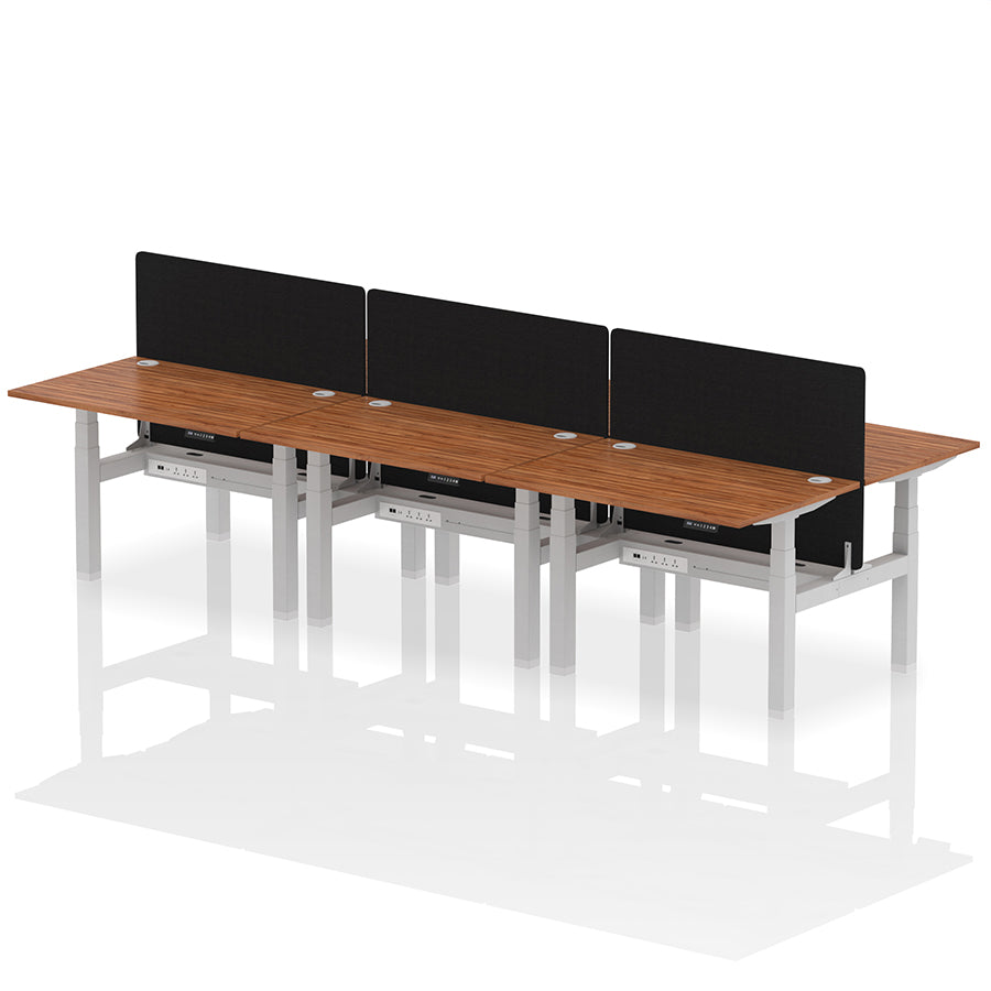 Air Back-to-Back Height Adjustable Bench Desk - 6 Person with Black Straight Screen W1200 walnut top with silver frame