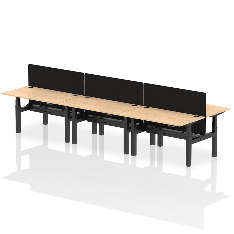 Air Back-to-Back Height Adjustable Bench Desk - 6 Person with Black Straight Screen W1400 maple top with black frame