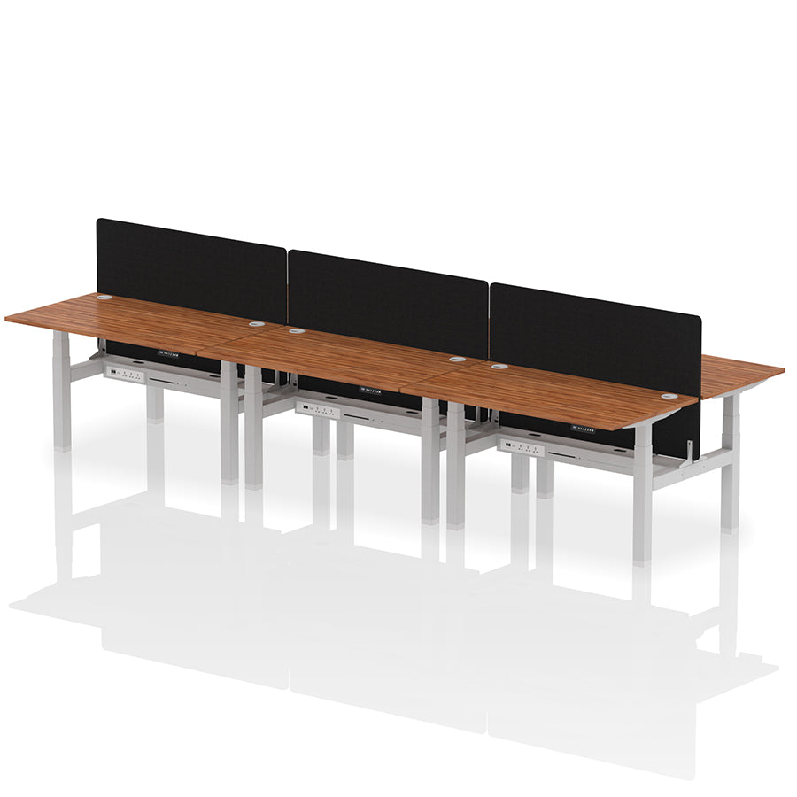Air Back-to-Back Height Adjustable Bench Desk - 6 Person with Black Straight Screen W1400 walnut top with silver frame