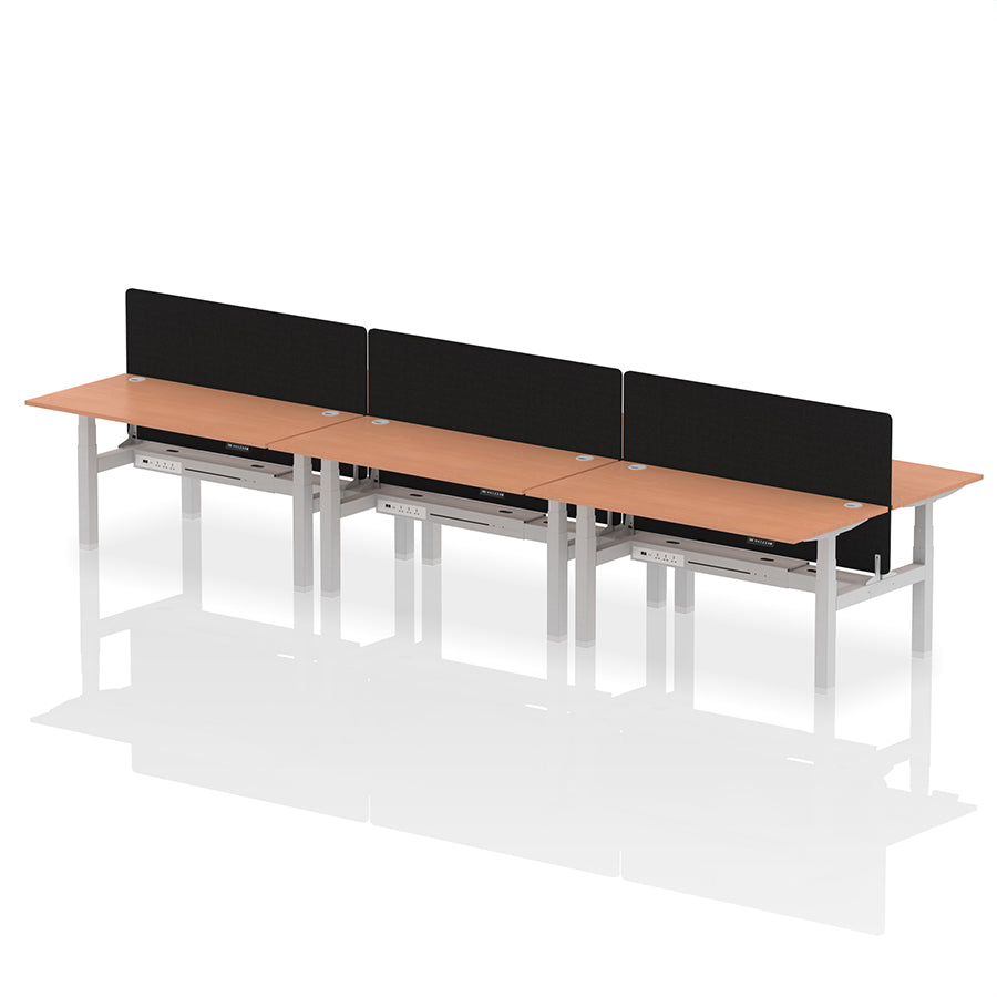 Air Back-to-Back Height Adjustable Bench Desk - 6 Person with Black Straight Screen W1600 beech top with silver frame
