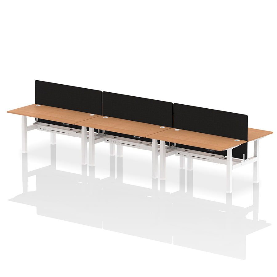 Air Back-to-Back Height Adjustable Bench Desk - 6 Person with Black Straight Screen W1600 oak top with white frame