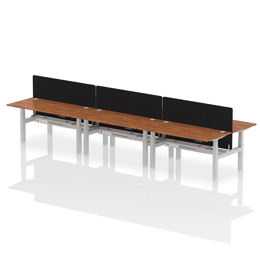 Air Back-to-Back Height Adjustable Bench Desk - 6 Person with Black Straight Screen W1600 walnut top with silver frame