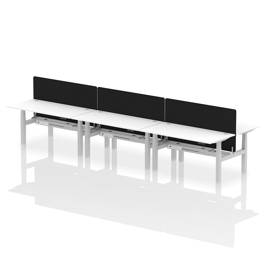 Air Back-to-Back Height Adjustable Bench Desk - 6 Person with Black Straight Screen W1600 white top with silver frame