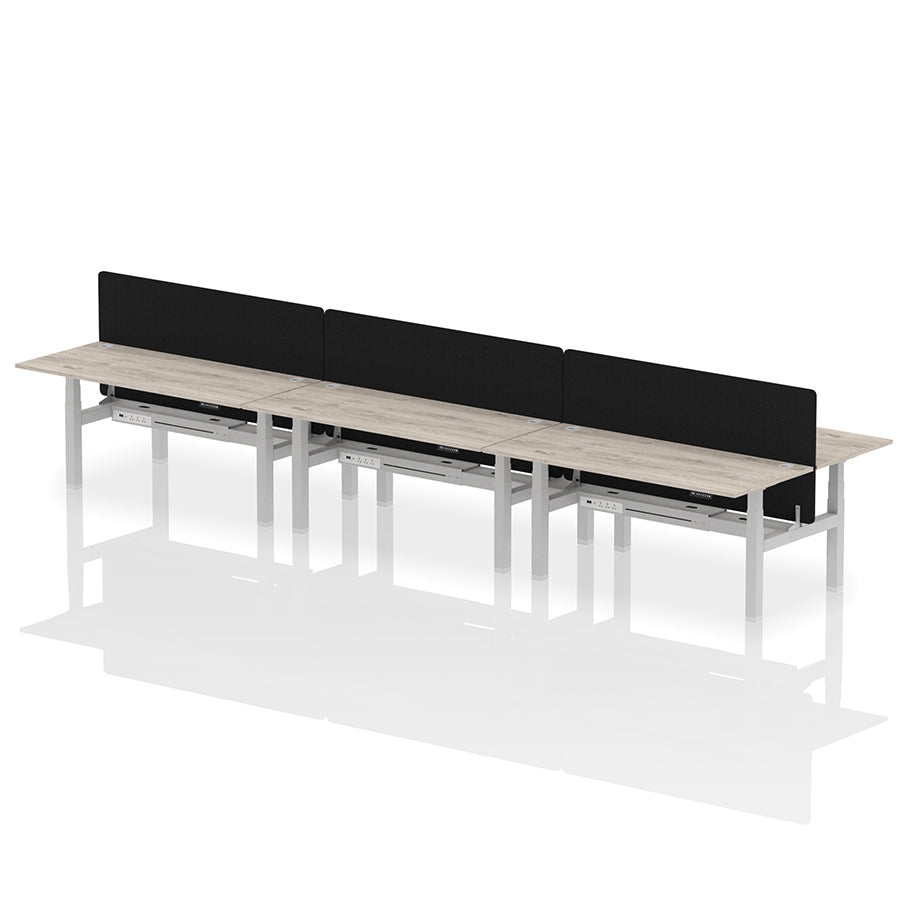 Air Back-to-Back Height Adjustable Bench Desk - 6 Person with Black Straight Screen W1800 oak grey top with silver frame