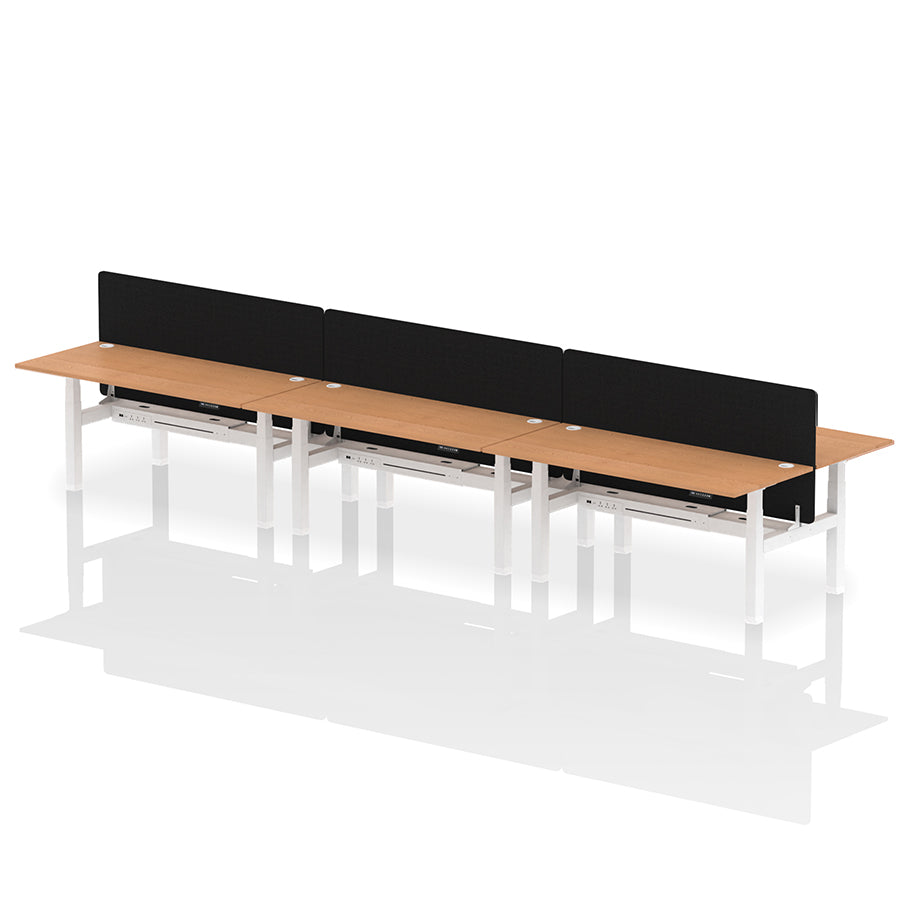 Air Back-to-Back Height Adjustable Bench Desk - 6 Person with Black Straight Screen W1800 oak top with white frame