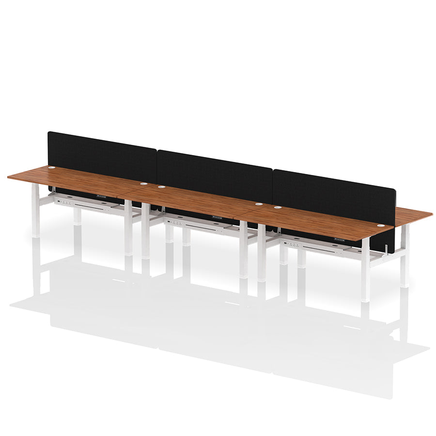 Air Back-to-Back Height Adjustable Bench Desk - 6 Person with Black Straight Screen W1800 walnut top with white frame