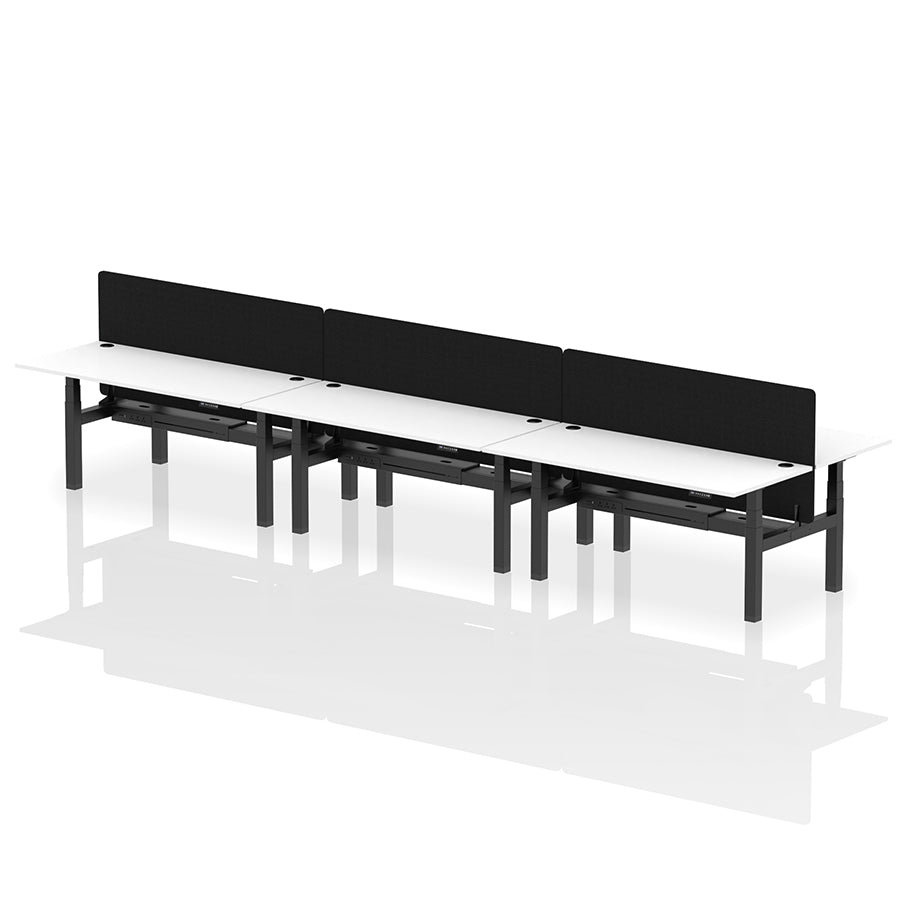Air Back-to-Back Height Adjustable Bench Desk - 6 Person with Black Straight Screen W1800 white top with black frame