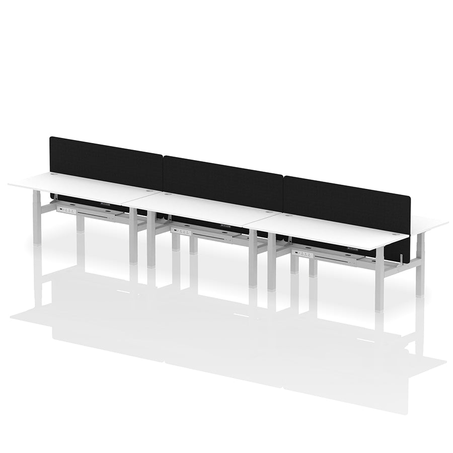 Air Back-to-Back Height Adjustable Bench Desk - 6 Person with Black Straight Screen W1800 white top with silver frame