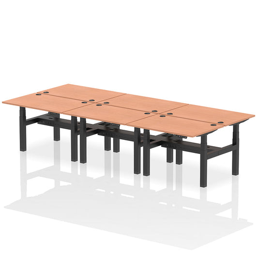 Air Back-to-Back Height Adjustable Bench Desk - 6 Person with cable ports W1200 beech top with black frame