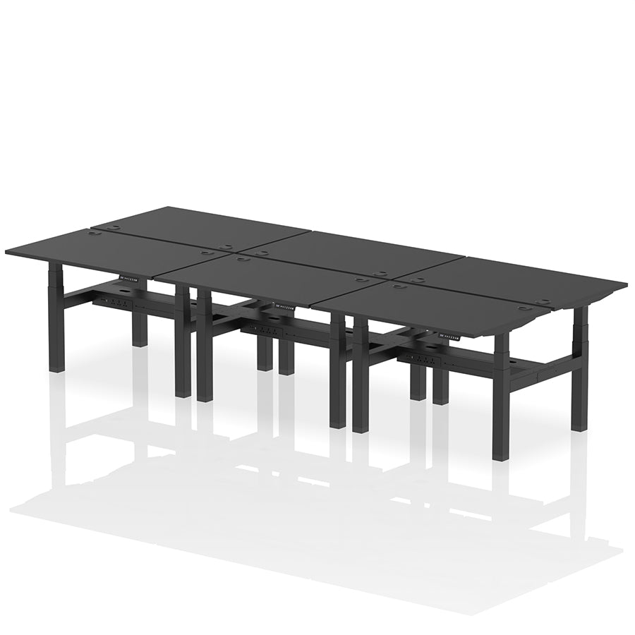 Air Back-to-Back Height Adjustable Bench Desk - 6 Person with cable ports W1200 black top with black frame
