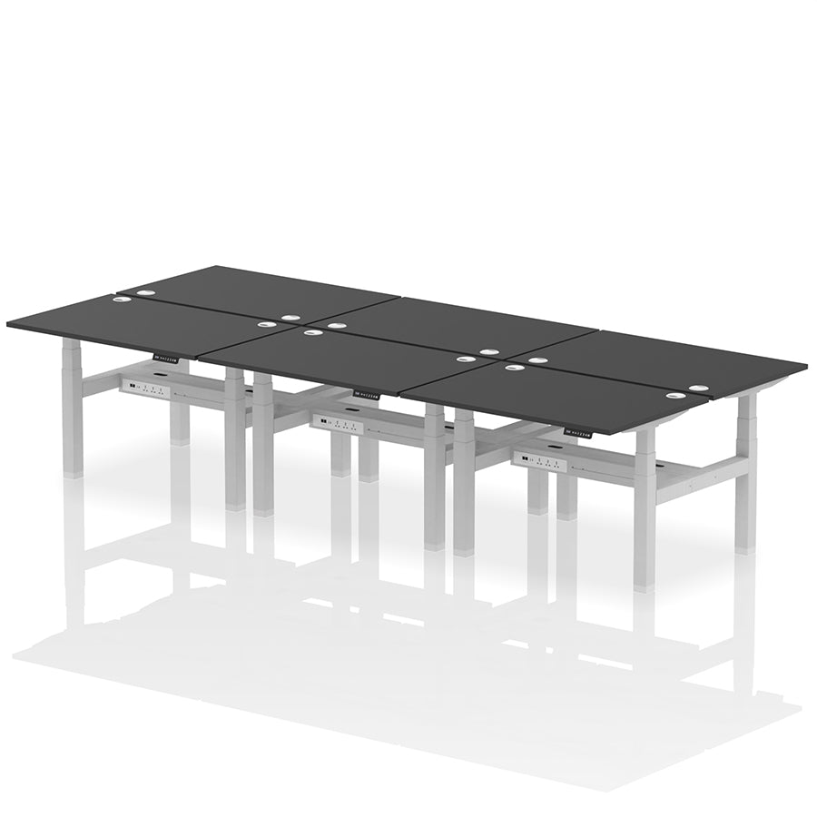 Air Back-to-Back Height Adjustable Bench Desk - 6 Person with cable ports W1200 black top with silver frame