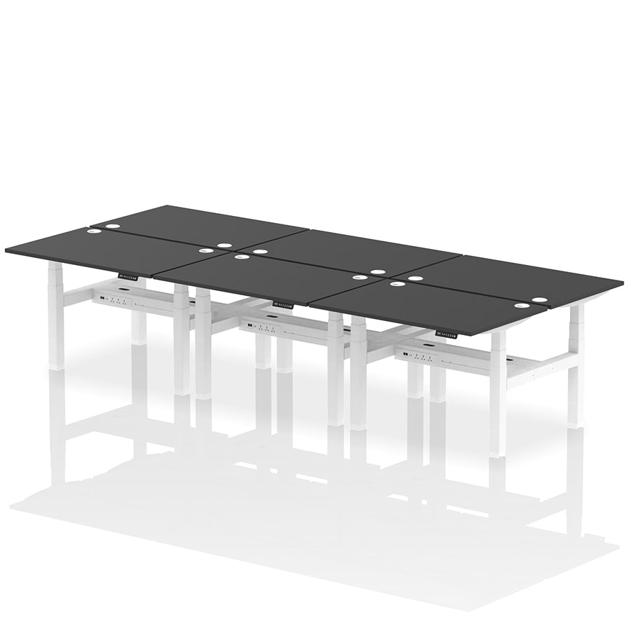 Air Back-to-Back Height Adjustable Bench Desk - 6 Person with cable ports W1200 black top with white frame