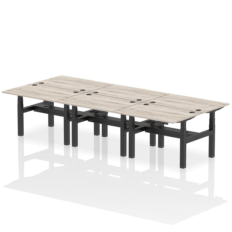 Air Back-to-Back Height Adjustable Bench Desk - 6 Person with cable ports W1200 grey oak top with black frame