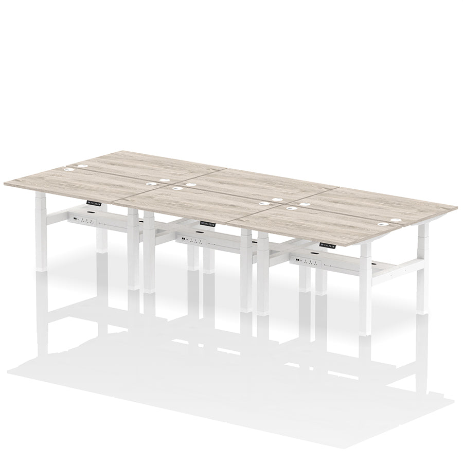 Air Back-to-Back Height Adjustable Bench Desk - 6 Person with cable ports W1200 grey oak top with white frame