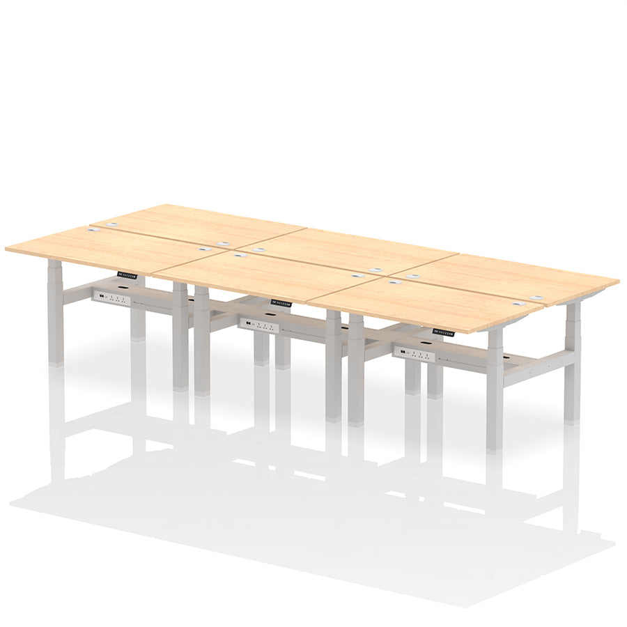 Air Back-to-Back Height Adjustable Bench Desk - 6 Person with cable ports W1200 maple top with silver frame