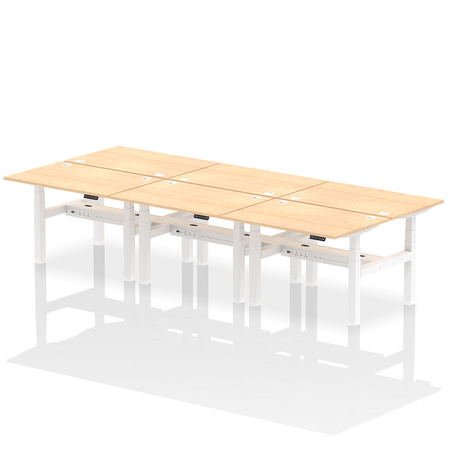 Air Back-to-Back Height Adjustable Bench Desk - 6 Person with cable ports W1200 maple top with white frame