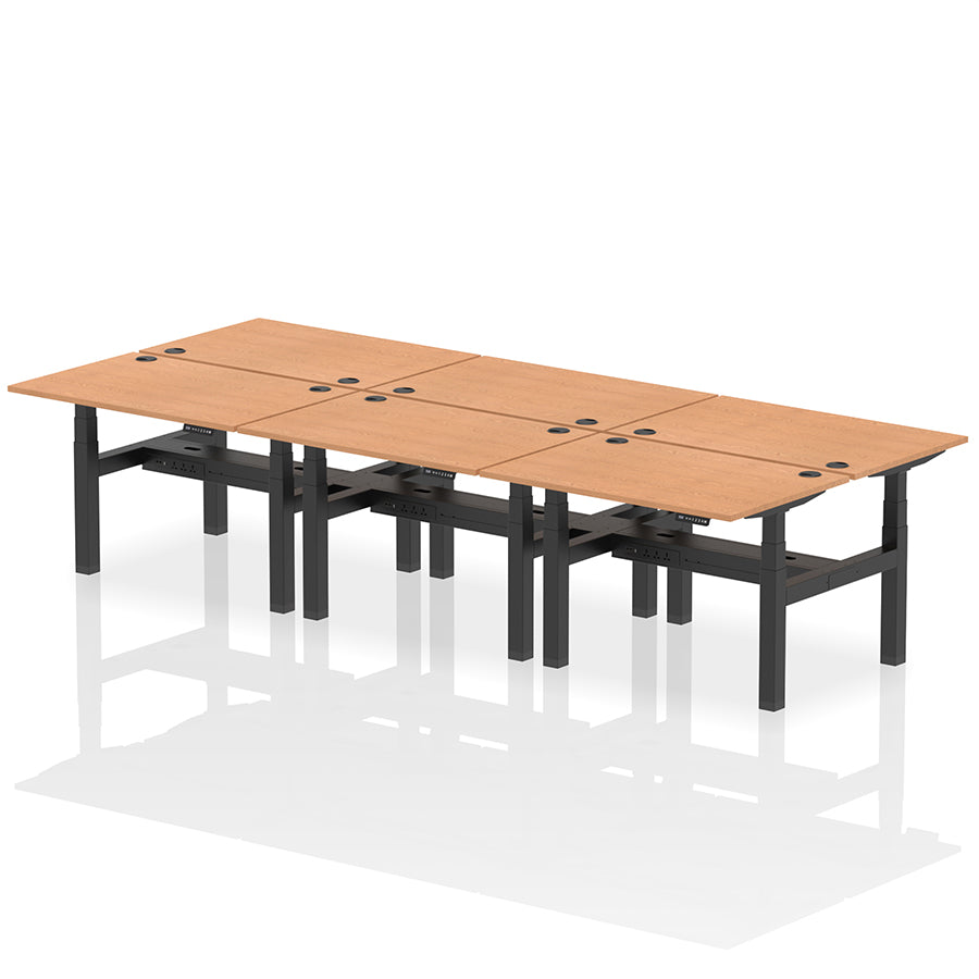 Air Back-to-Back Height Adjustable Bench Desk - 6 Person with cable ports W1200 oak top with black frame